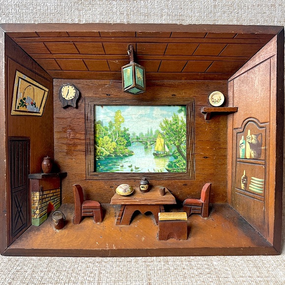 Vintage 3D Diorama Handmade Wood Framed Miniature Cabin Scene Chalet Lodge - Picture 1 of 9
